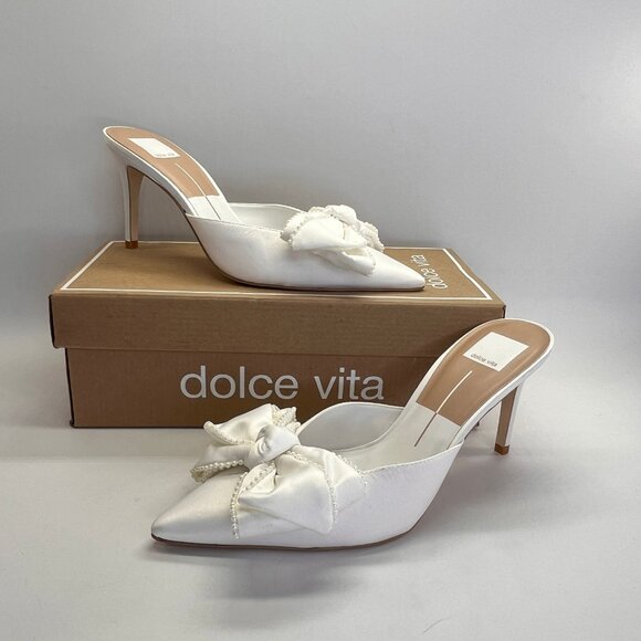 Dolce Vita Shoes - Dolce Vita Vanilla Pearls Heeled Mule Size 8 Satin Ivory Bow Slip-On Heels